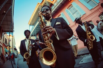 A man in a suit playing a saxophone on a street corner in New Orleans as part of a jazz band...