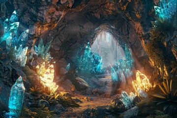 Low-angle shot of a cave entrance revealing a plethora of blue and yellow rocks creating a captivating sight