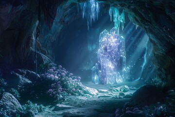 Discover a hidden cave filled with ice and snow, leading to an underground realm adorned with glowing crystals and bioluminescent flora - obrazy, fototapety, plakaty