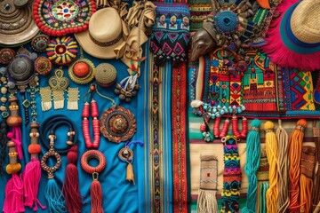 Colorful display of traditional attire and accessories from diverse cultures covering a wall, showcasing cultural heritage
