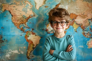 Confident Young Explorer in Front of a World Map. Generative ai