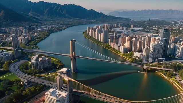 Video animation of urban oasis, where modernity harmoniously coexists with nature. Nestled between majestic mountains and a wide river, this cityscape offers a breathtaking view