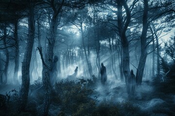 A group of individuals walking through a haunted forest with gnarled trees and swirling mist, evoking a mysterious atmosphere