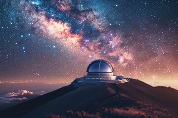 A telescope positioned on a mountain peak under a starry night sky - obrazy, fototapety, plakaty