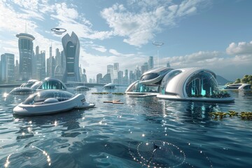 View of a futuristic city floating on top of a body of water, showcasing underwater habitats and tidal energy generators - obrazy, fototapety, plakaty