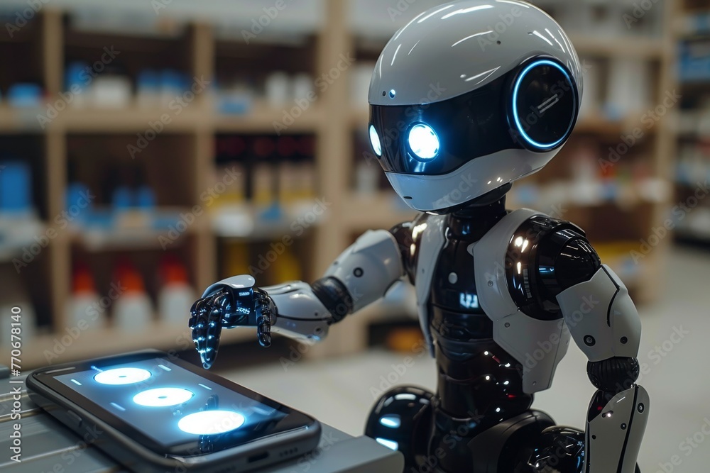 Poster futuristic robot analyzing and interacting with a touchscreen device in a laboratory setting