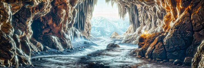 Mystical Ice Cave Exploration, Blue and Clear Frozen Formations, Natures Winter Marvel - obrazy, fototapety, plakaty