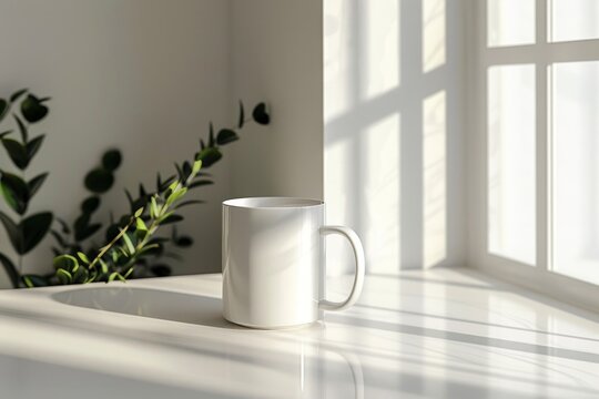 An inviting scene of a white mug by a window with streaming morning light