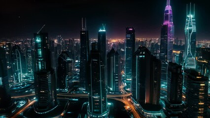 Video animation of night view of a modern and futuristic cityscape. Numerous skyscrapers dominate the scene; they are well lit and showcase a variety of architectural designs