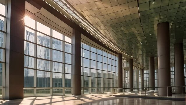 Video animation of spacious and contemporary interior flooded with warm sunlight,The room boasts lofty ceilings, creating an open and airy ambiance.