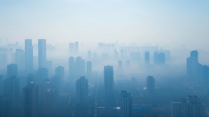 Heavy smog covering a city skyline a result of increased pollution and greenhouse gas emissions.