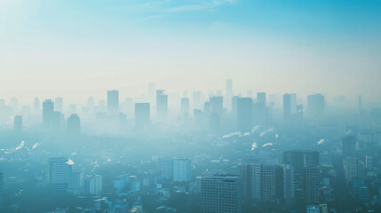 Fototapeta na wymiar Heavy smog covering a city skyline a result of increased pollution and greenhouse gas emissions.