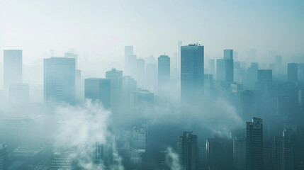 Heavy smog covering a city skyline a result of increased pollution and greenhouse gas emissions. - obrazy, fototapety, plakaty