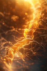 Actin filaments in muscle contraction, golden sunset ambiance, frontal view, modern CGI precision