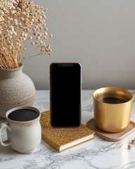 Classy smartphone propped next to a gold cup and glittery notebook, evoking a productive morning - obrazy, fototapety, plakaty