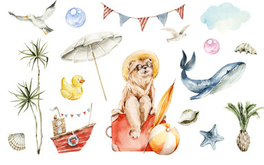 Watercolor nursery summer set of sea travel. Hand painted cute animal of bear character, baby toys, whale, clouds, beach, shells, seagull. Trip card, illustration for baby shower design, kids print