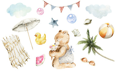 Watercolor nursery summer set of sea travel. Hand painted cute animal of bear character, baby toys, whale, clouds, beach, shells, palm. Trip card, illustration for baby shower design, kids print