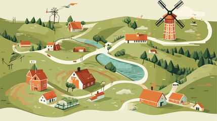 Hand drawn village landscape map with windmill 