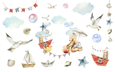 Watercolor nursery summer set of sea travel. Hand painted frame, cute animal, bear character, baby toys, clouds, nautical, shells, seagull. Trip card, illustration for baby shower design, kids print