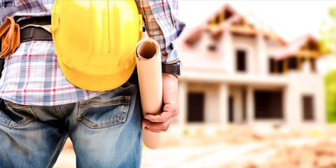 Construction professional holding blueprints at a building site. Photorealistic style. Bright light, development concept. Generative AI