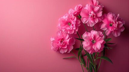 Bouquet of bright pink flowers on a pink background with space for text.