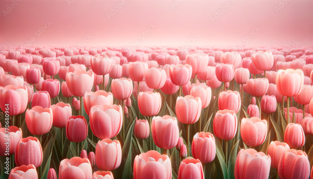 Wall mural vast field of pink tulips under a soft rose tinted sky. floral abundance concept. generative ai
