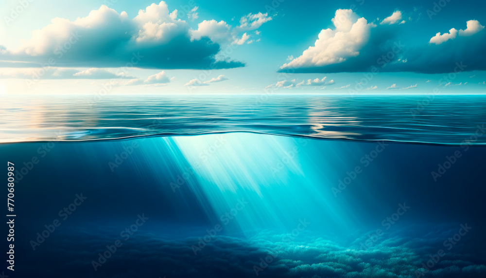 Poster underwater view of sunlight filtering through ocean surface. aquatic, tranquil, digital art. generat