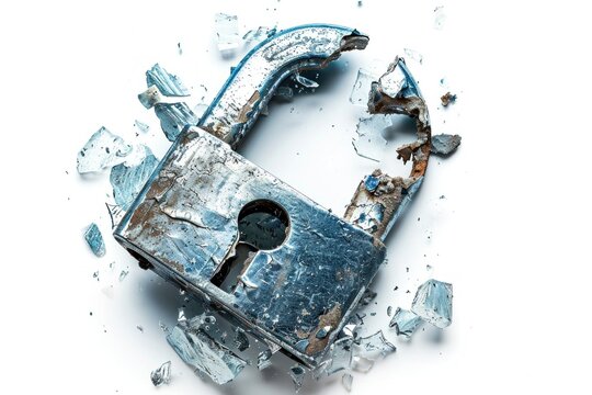 Locked lock burst into pieces isolated on white background