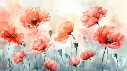 Foto op Plexiglas Blooming poppy watercolor pastel and soft nature backdrop daylight scene panoramic landscape © Thanadol