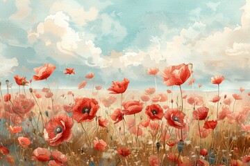 Watercolor poppy landscape pastel hues blooming field nature scene soft light panoramic view - obrazy, fototapety, plakaty