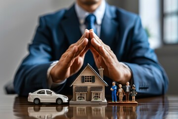 A focused insurance agent forms a protective gesture over a model house and family, symbolizing security and insurance services for homeowners.