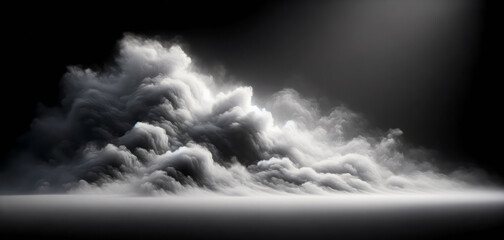 Voluminous clouds illuminated from above on a dark stage, evoking a dramatic mood. Generative AI