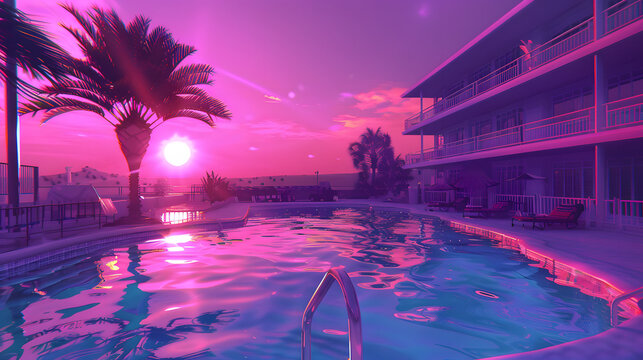 Hotel mit Pool, Hotel mit Swimmingpool, Retro Hotel, Retro Pool, Pool mit Pflanzen, 90s, 80, 80er, 90er, Sonnenuntergang im Hintergrund, Synthwave Vibe, Vaporwave Kunst 