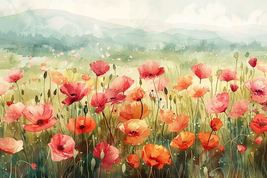 Watercolor poppy landscape pastel hues blooming field nature scene soft light panoramic view