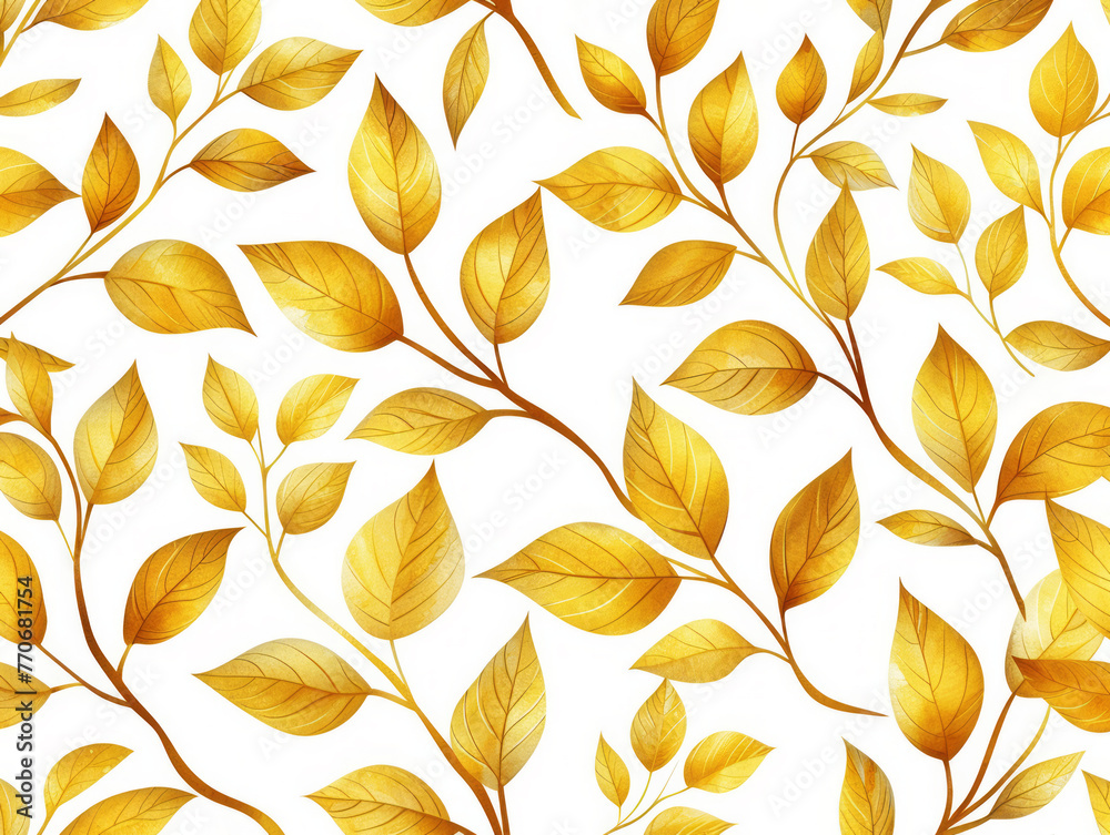 Poster seamless pattern of autumnal golden leaves on a white background. generative ai