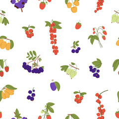 Repeatable pattern of different ripe wild and garden berries. Endless background of branches of strawberry, gooseberry, blueberry, raspberry with leaves. Fresh food. Flat seamless vector illustration