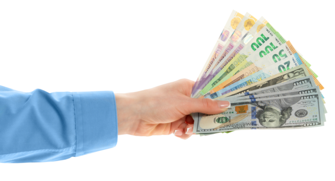 Female hand holding euro, dollars and British pounds currency isolated on white background