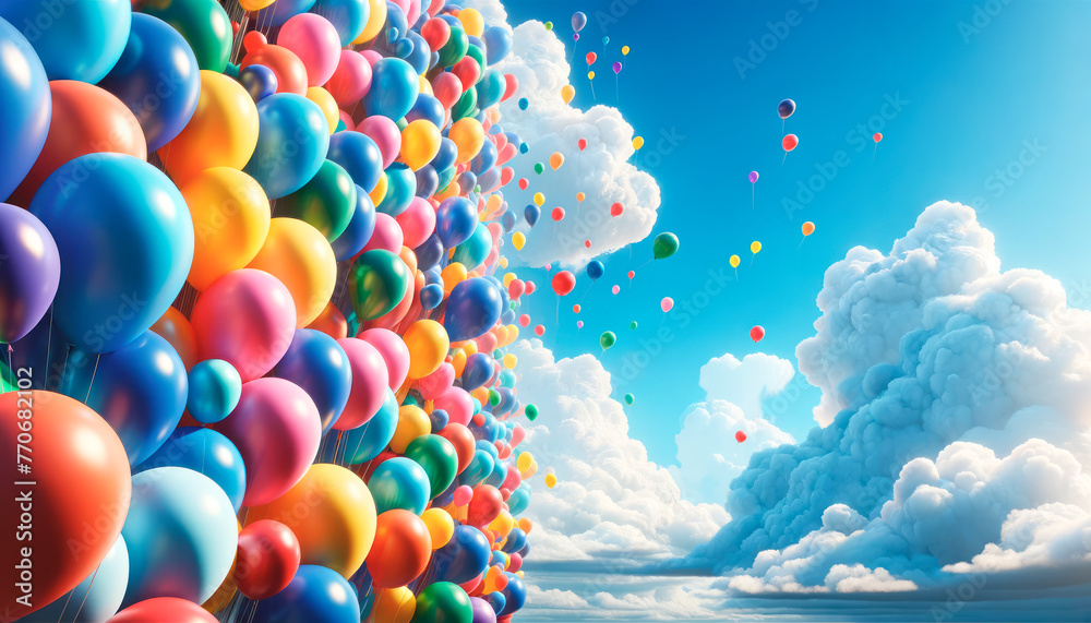 Aufkleber sea of colorful balloons ascending into the sky with fluffy clouds. generative ai