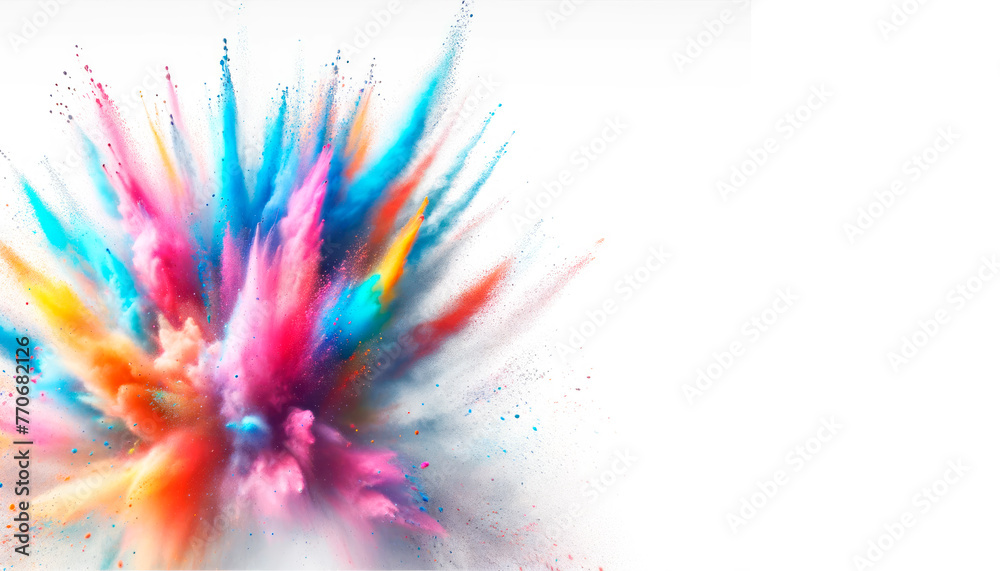 Poster Vivid colored powder explosion with a dynamic splash effect on a white background. Generative AI