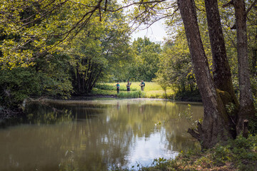 Fototapeta na wymiar Three sports fishermen standing on the river bank, under a beautiful tree, swinging their fishing rods trying to catch fish on a sunny summer day.