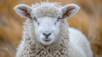 Close-up of a young sheep's head with soft white wool on the background of golden straw