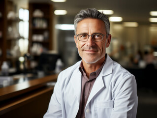 Fototapeta premium A poised and professional middle-aged medical practitioner in glasses against a blurred background. Generative AI