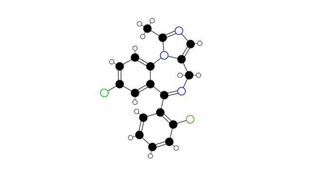 midazolam molecule, structural chemical formula, ball-and-stick model, isolated image benzodiazepines