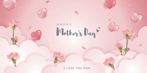 Mother's day banner with carnations and heart balloons  on cloud