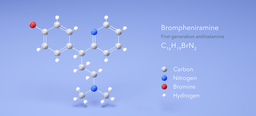 brompheniramine molecule, molecular structures, first-generation antihistamine, 3d model, Structural Chemical Formula and Atoms with Color Coding - obrazy, fototapety, plakaty