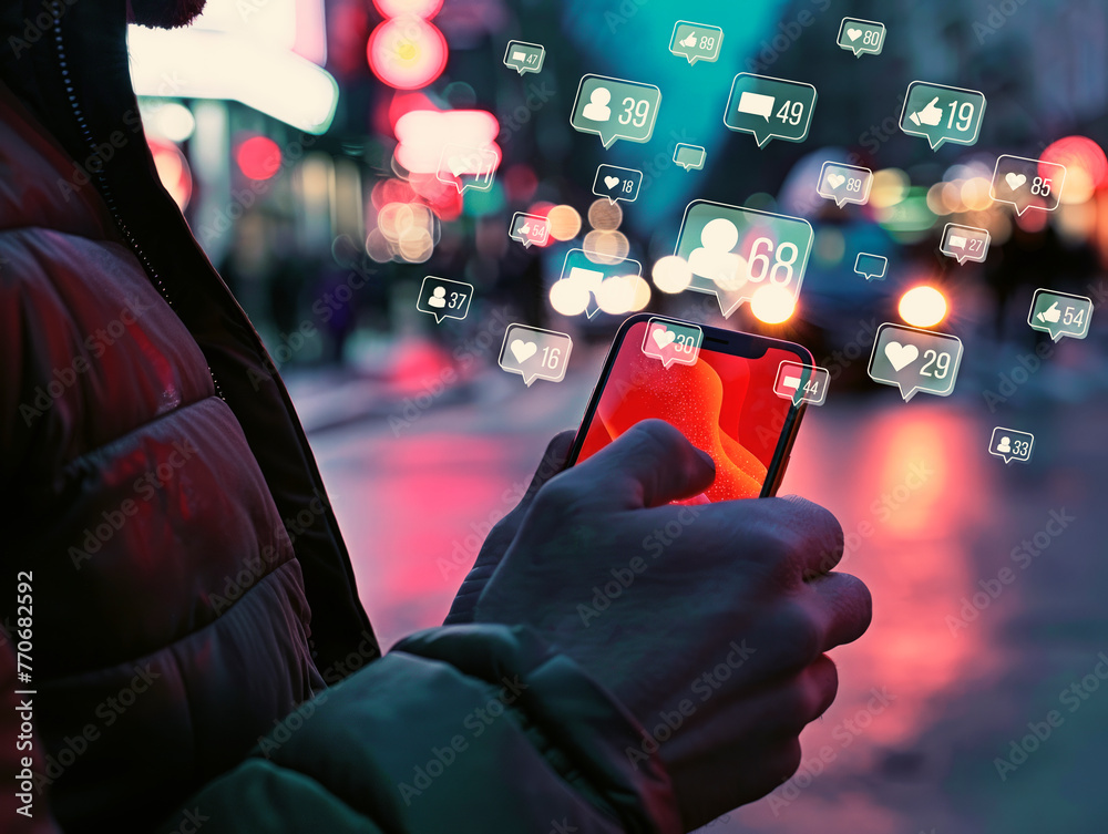Poster closeup of a hand holding smartphone with social media notification icons on a busy street. connecti