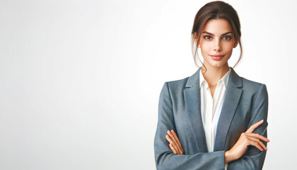 Professional businesswoman in blue suit with confident stance on a white background. Corporate...