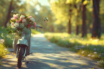 A close-up small moped that drives a bouquet of flowers as a gift, a summer concept of flowers and nature.  - obrazy, fototapety, plakaty