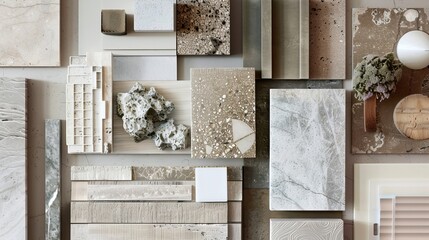 A mood board featuring samples of interior materials, aiding in design visualization - obrazy, fototapety, plakaty