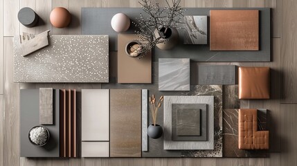 A mood board featuring samples of interior materials, aiding in design visualization - obrazy, fototapety, plakaty